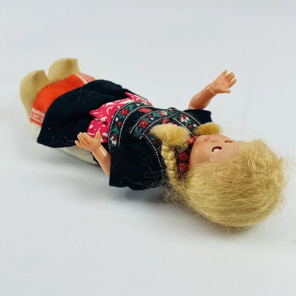 Vintage Folk Art Blonde Dutch Doll Wooden Shoes 7 in Ethnic Costume Blinky Eyes